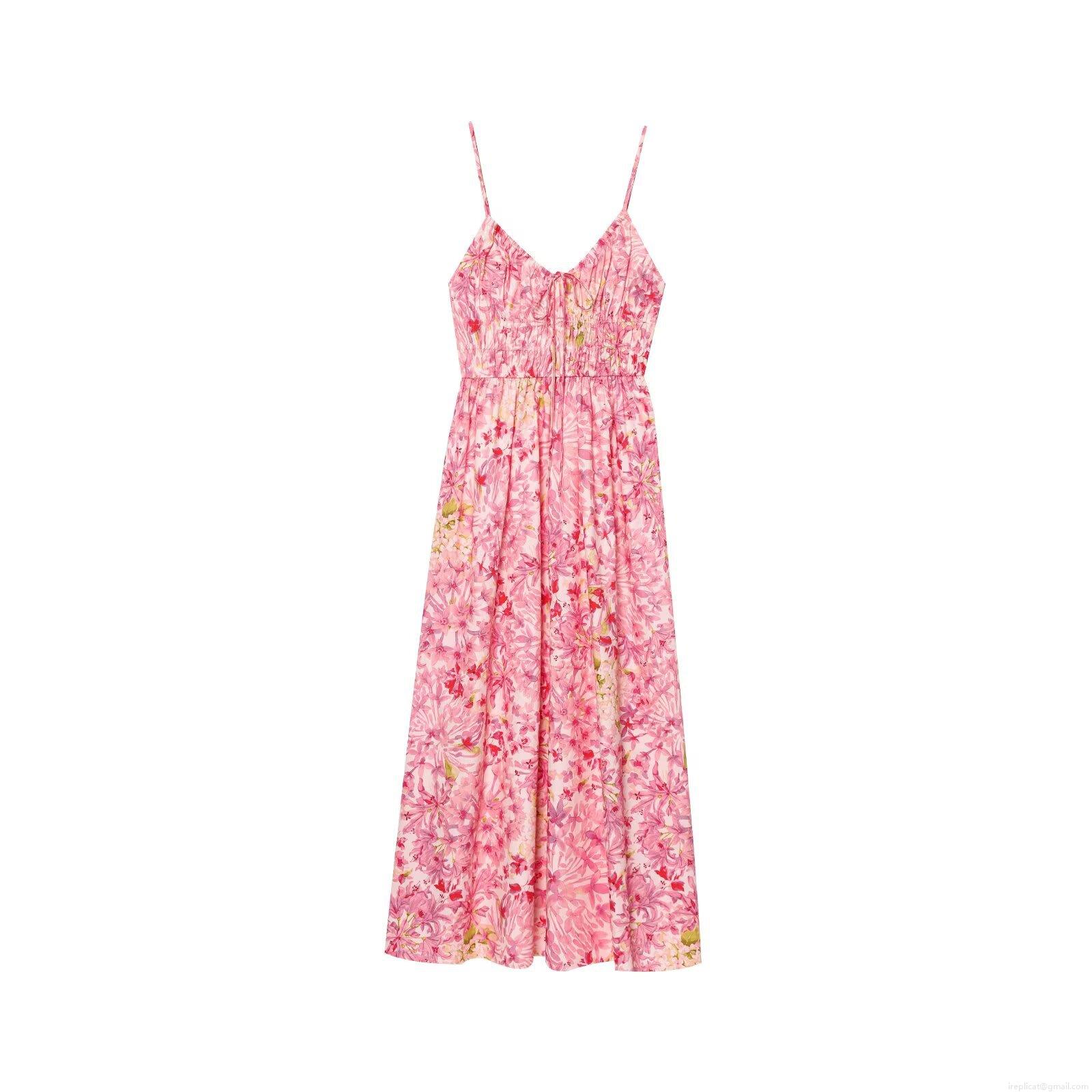 Women Summer Floral Maxi Dress Backless V Neck Pleated Cami Dress Lightweight Polyester Print Long Sundress For Vacation Streetwear