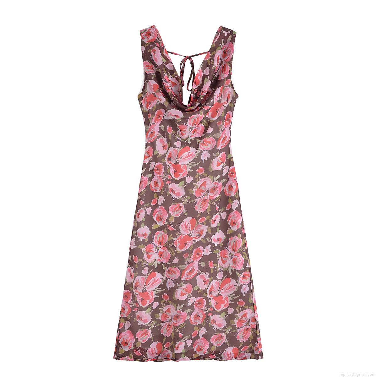 Summer Women Street Cowl Neck Backless Sling Dress Vintage Brown Pink Rose Floral Print Lightweight Cotton Chiffon Maxi Dress For Vacation Beach Party