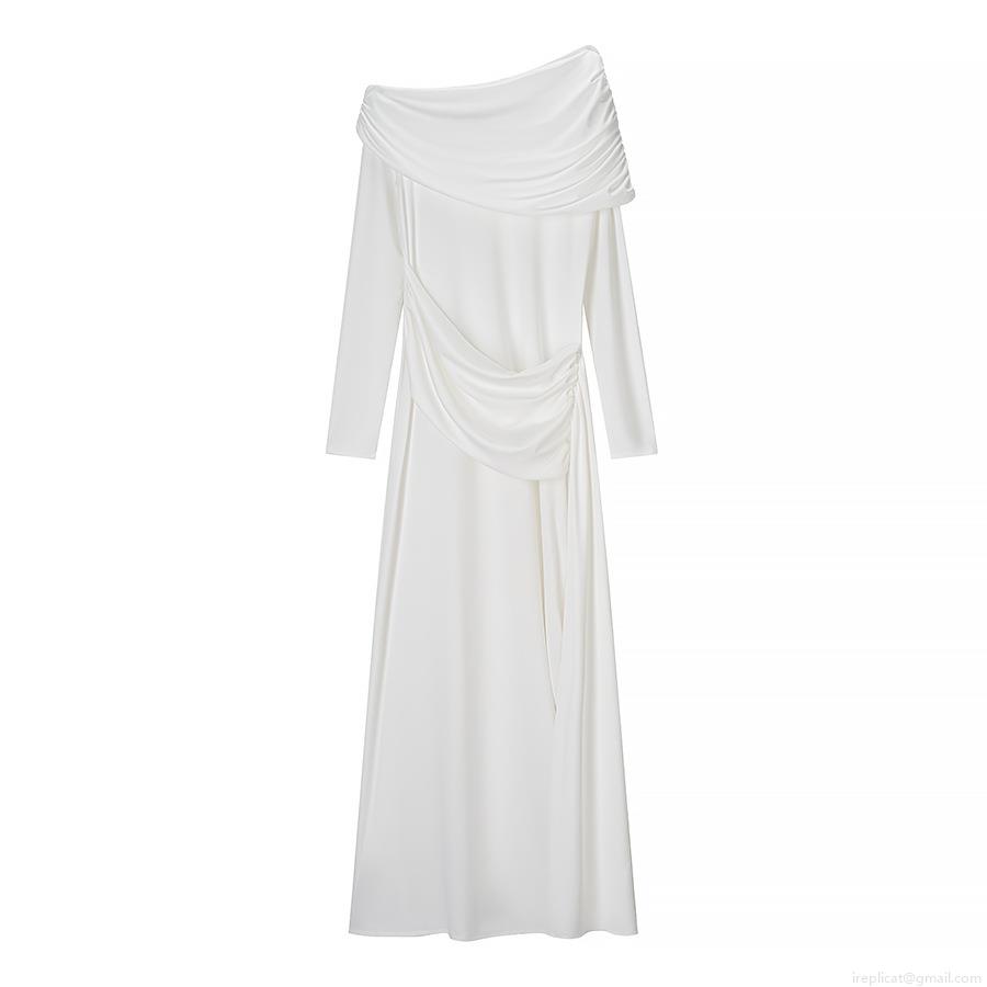 Elegant Women Off Shoulder Asymmetric Ruched Maxi Dress Sexy Long Sleeve Bodycon Polyester Evening Party Streetwear Solid Color White Long Dress