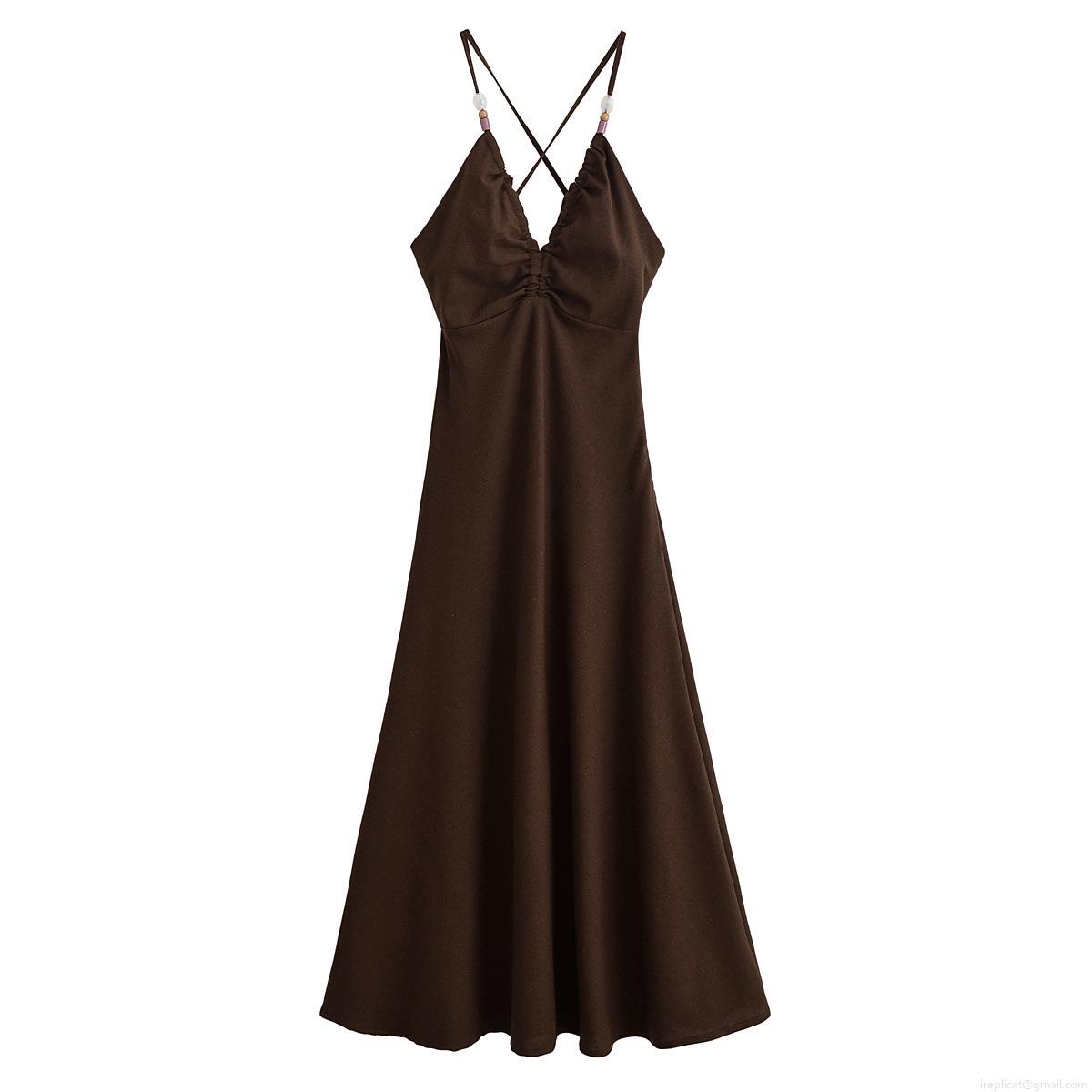 Summer Sexy Backless Maxi Dress For Women Solid V Neck Ruched Cami Dress With Criss Cross Straps And Wood Beads Decor Elegant Streetwear Party Vacation Long Dress