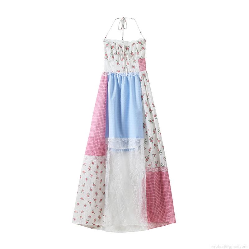 Women's Halter Backless Maxi Dress Floral Patchwork Lace Stitching Summer Vacation Bohemian Pastoral Style Polyester Cotton Blend Long Dress