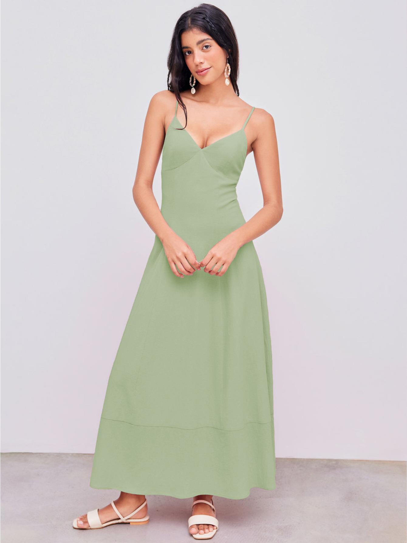 Women 100% Cotton V Neck Spaghetti Strap Maxi Dress Backless Tie Back A-Line Slim Fit High Waist Long Sun Dress For Vacation Casual Summer