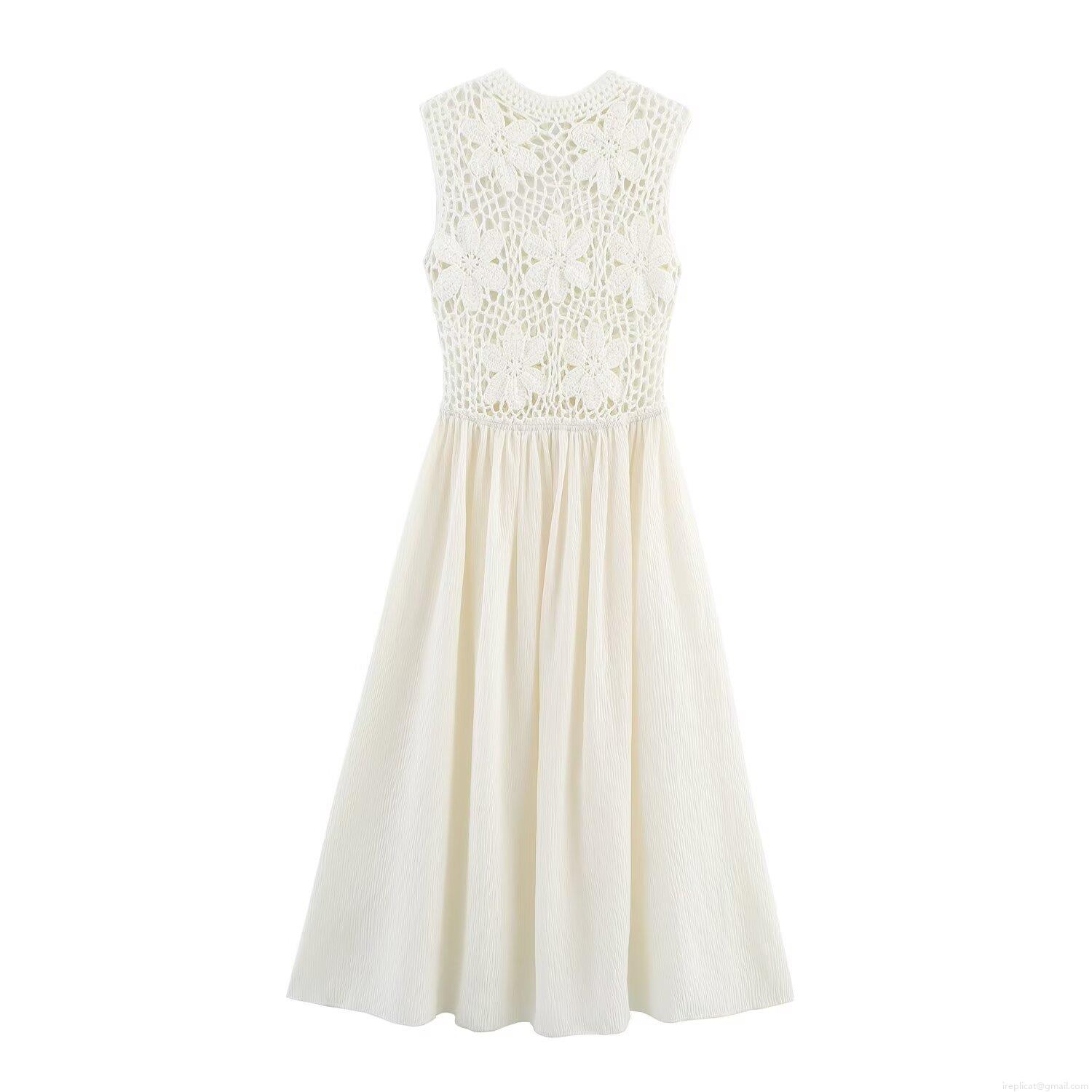 Women's White Sleeveless Maxi Dress With Hollow Crochet Embroidery And Pleated Splicing Elegant Round Neck Summer Street Style Long Dress