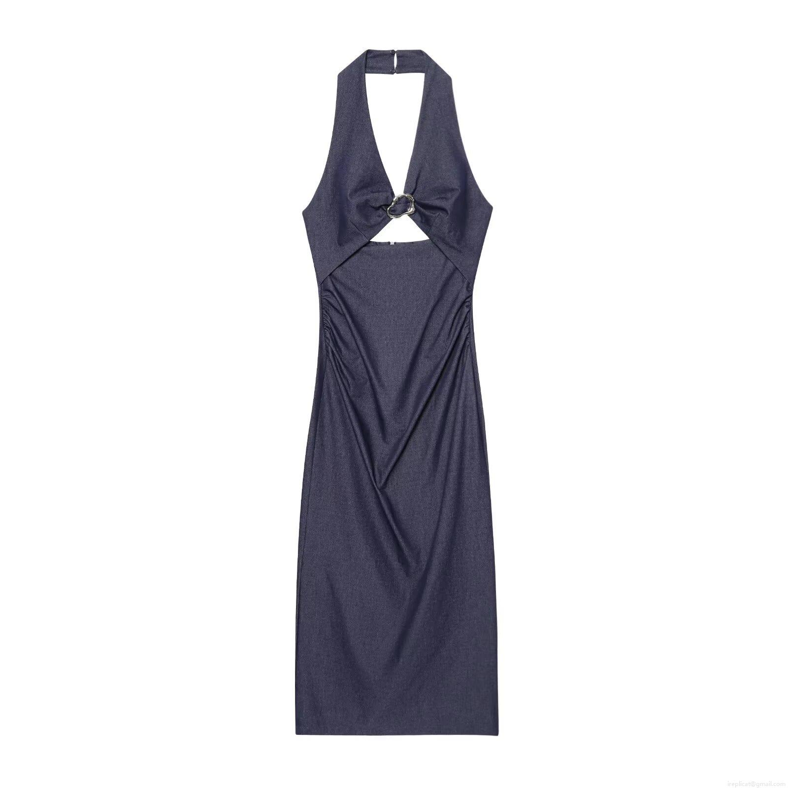 Summer Women Halter Neck Backless Bodycon Maxi Dress Navy Blue Denim Polyester Dress With Metal Ring Detail Sexy Party Clubwear Slit Dress