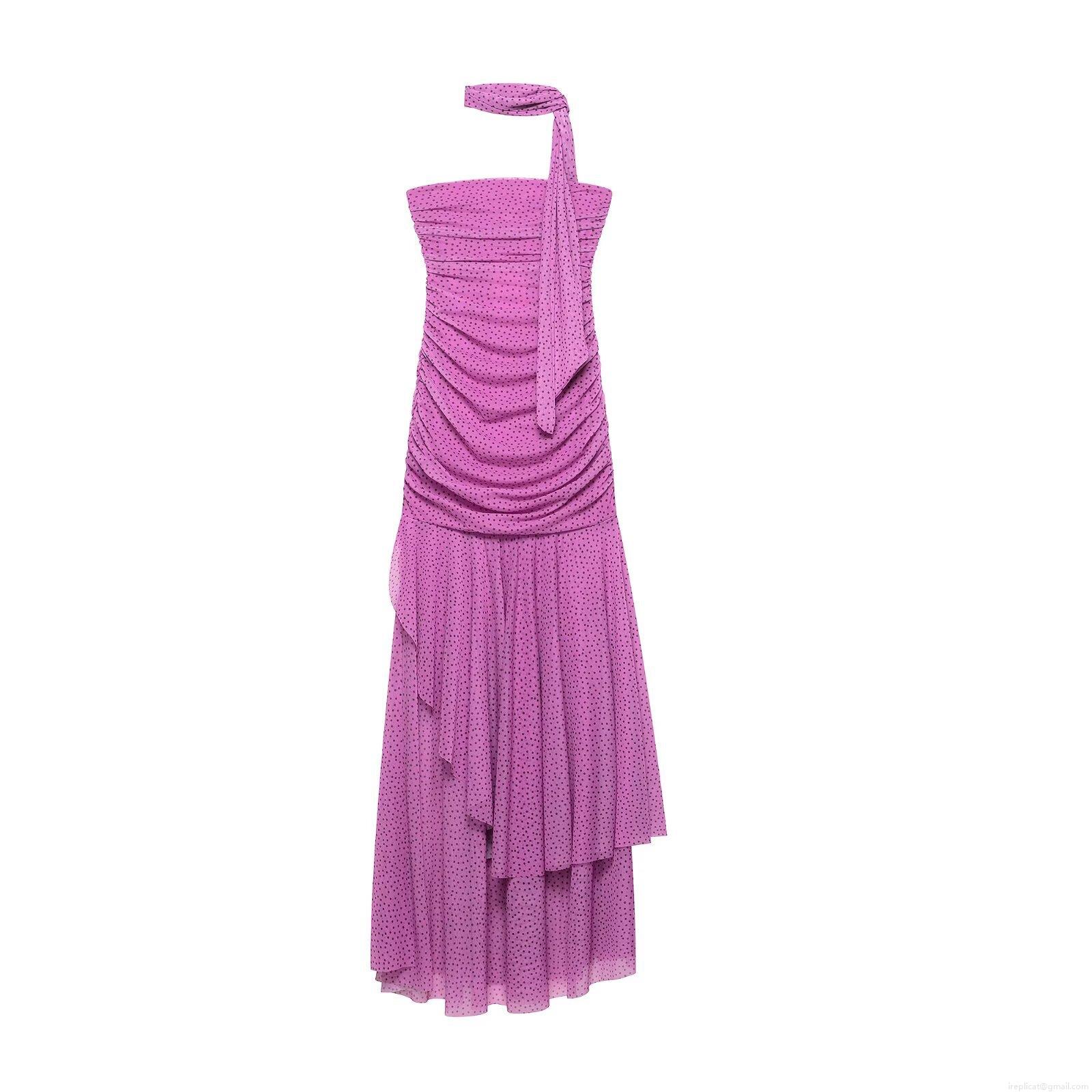 Women's Sexy Polka Dot Strapless Maxi Dress Ruched Mesh Bodycon Long Dress With Neck Scarf Detail Magenta Purple Polka Dot Printed Summer Chic Party Vacation Dress
