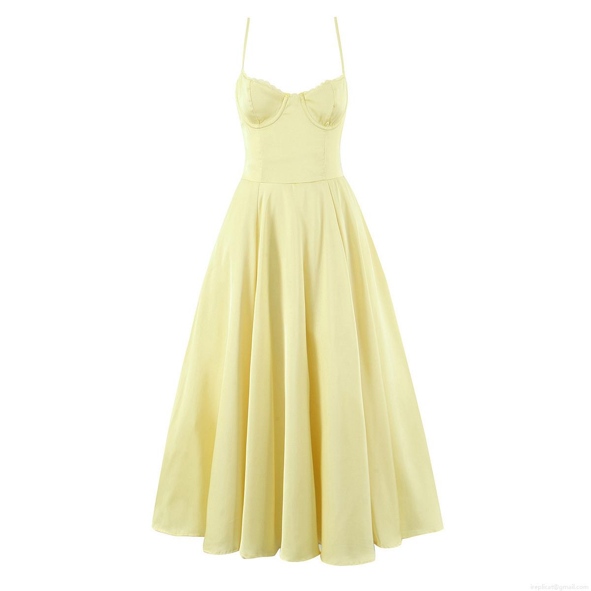Women Summer Sexy Satin Yellow Corset Strappy Maxi Dress Backless V-Neck Large Swing Lace Trim Long Dress For Party Vacation