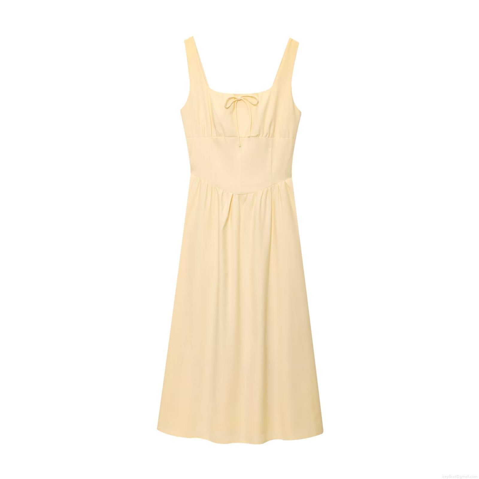 Women Summer Pale Yellow Square Neck Cami Dress With Bow Tie Backless Smocked Back Invisible Zipper Sexy Solid Color Maxi Dress For Beach Vacation Streetwear