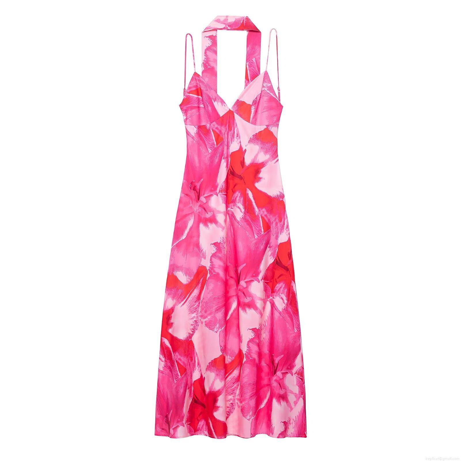 Women's Sexy Floral Print Halter Maxi Dress 100% Polyester Backless V-Neck Sleeveless A-Line Long Dress For Summer Vacation Beach Party Gown