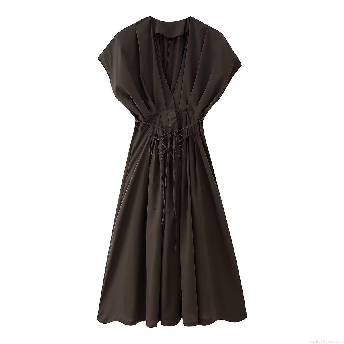 Women's Summer V-Neck Cap Sleeve Maxi Dress Pleated Waist Tie Solid Color Polyester A-Line Gown European Style Casual Party Evening Long Dress