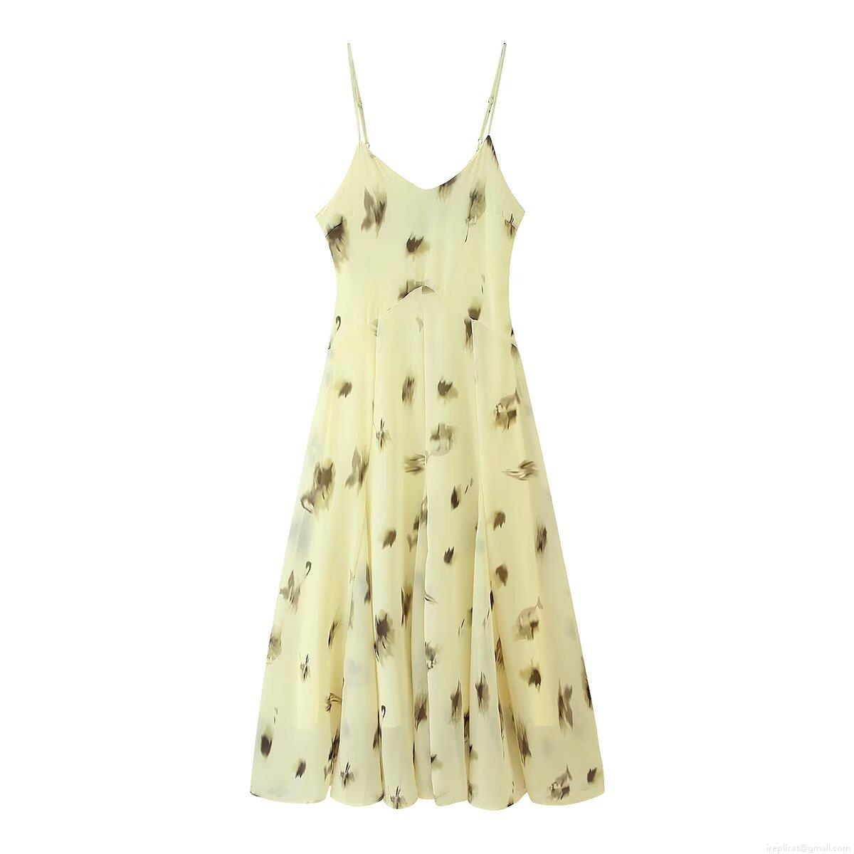 Women's Sexy Backless V-Neck Chiffon Maxi Dress Summer Beach Vacation Ink Print Tie-Up Cami Long Dress Street Style Sleeveless Sundress Light Yellow