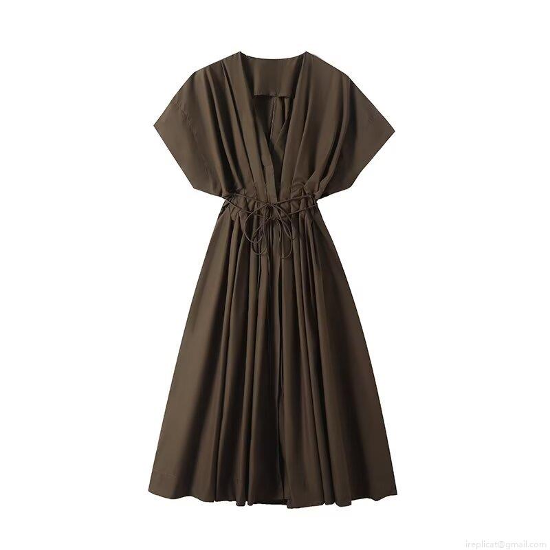 Women's Polyester V Neck Short Sleeve Maxi Dress Solid Color Gathered Waist With Drawstring Tie Western Street Style Casual Long Dress For Women