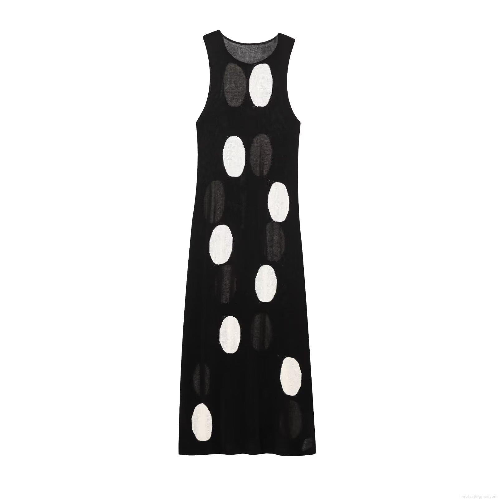 Women's Summer European Style Black Knit Polyester Polka Dot Sleeveless Maxi Dress Casual Loose Round Neck Tank Dress Streetwear Long Dress