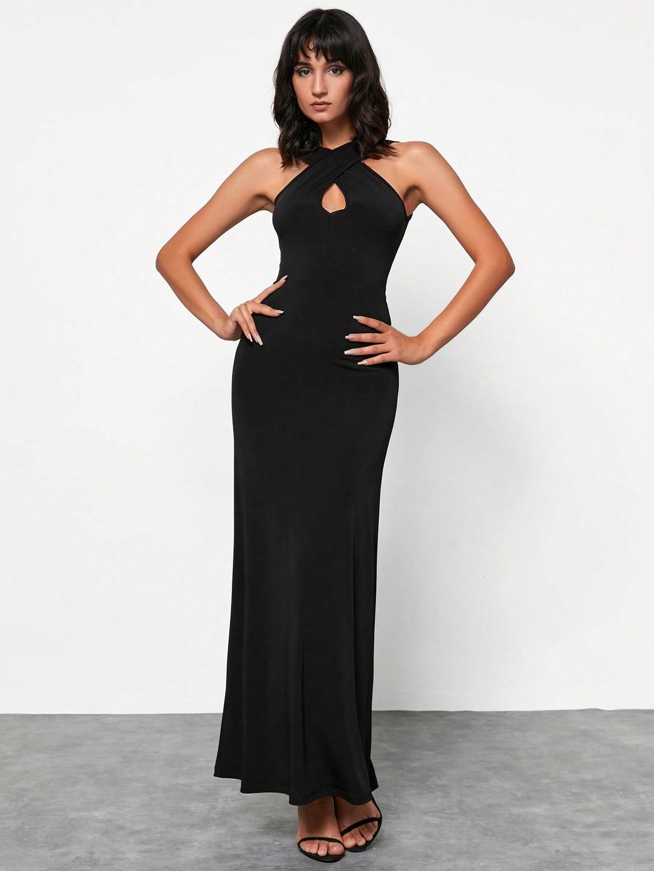 Women's Sexy Backless Cross Halter Maxi Dress Sleeveless Cutout Slim Fit Polyester Elastane Party Evening Long Dress For Women