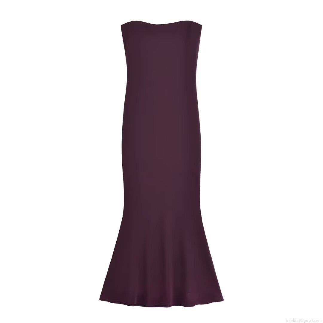 Women Elegant Deep Purple Strapless Backless Mermaid Maxi Dress Pleated Slim Fit Polyester Evening Party Gown Wedding Guest Dress