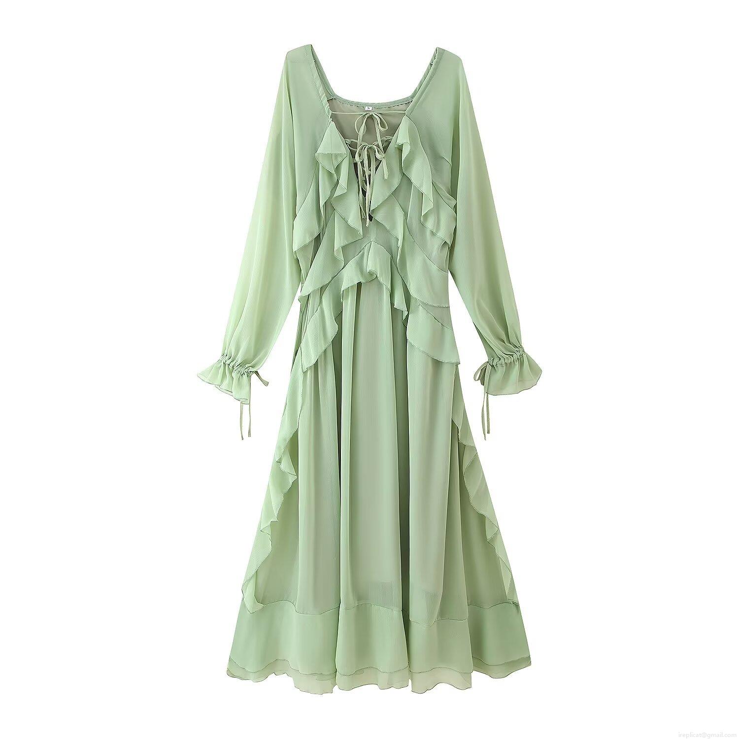 Women's Elegant Long Sleeve Ruffle Trim Maxi Dress Round Neck Drawstring Lace-up Solid Color Polyester Chiffon Streetwear Autumn Dress
