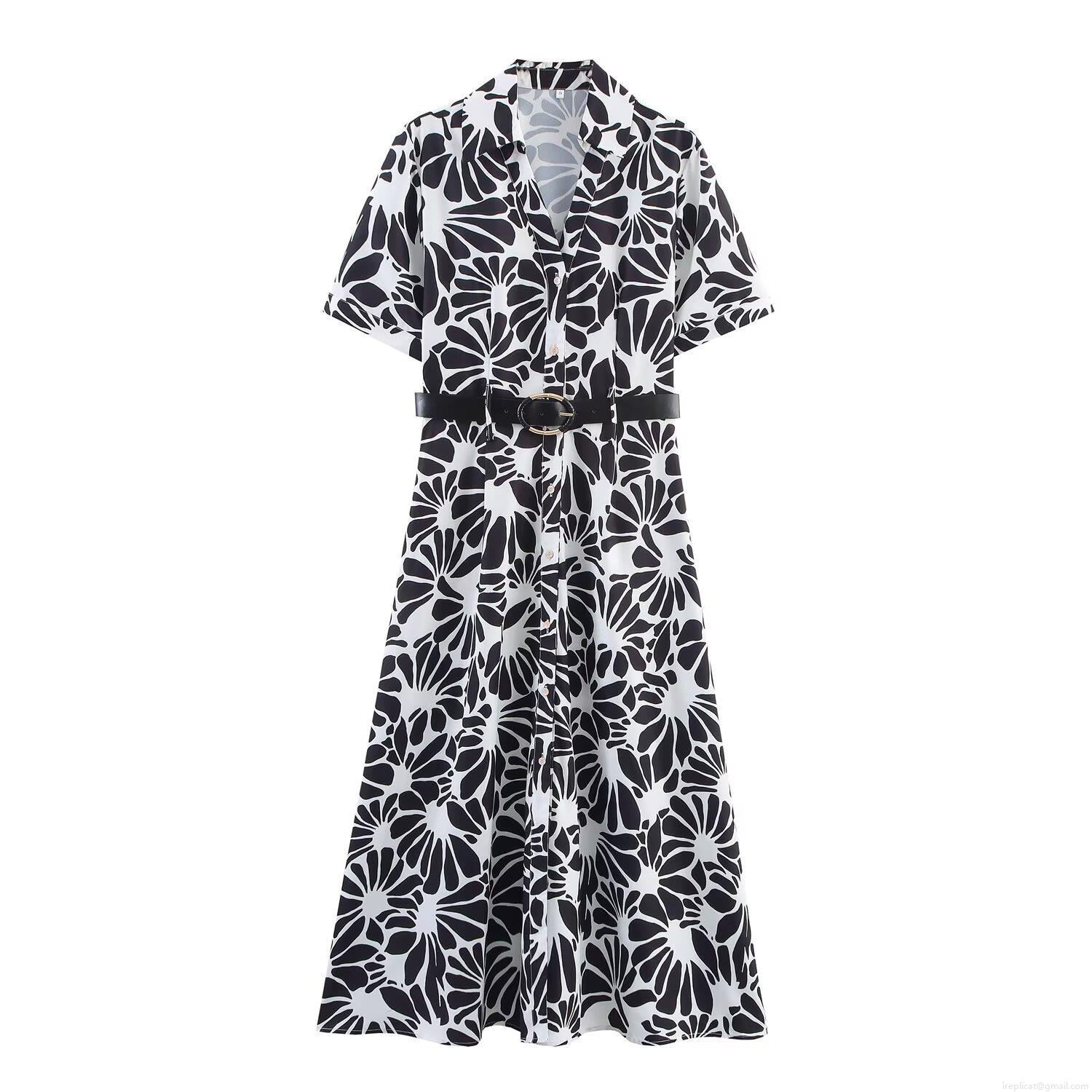 Women's Black and White Floral Print Short Sleeve Maxi Shirt Dress with Belt Elegant Lapel Button Down A-Line Long Dress for Daily Streetwear Summer Autumn