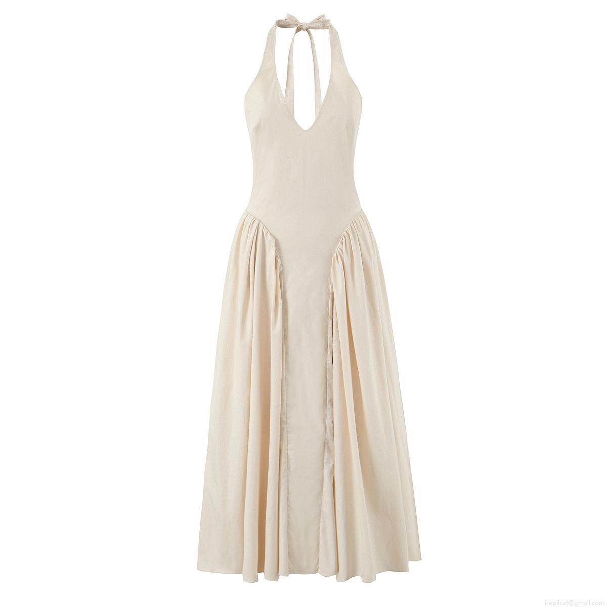 Women Halter V Neck Backless Maxi Dress Elegant Lace Up Tie Waist Plain Color Cotton Blend Sleeveless Long Dress For Summer Vacation Party Streetwear