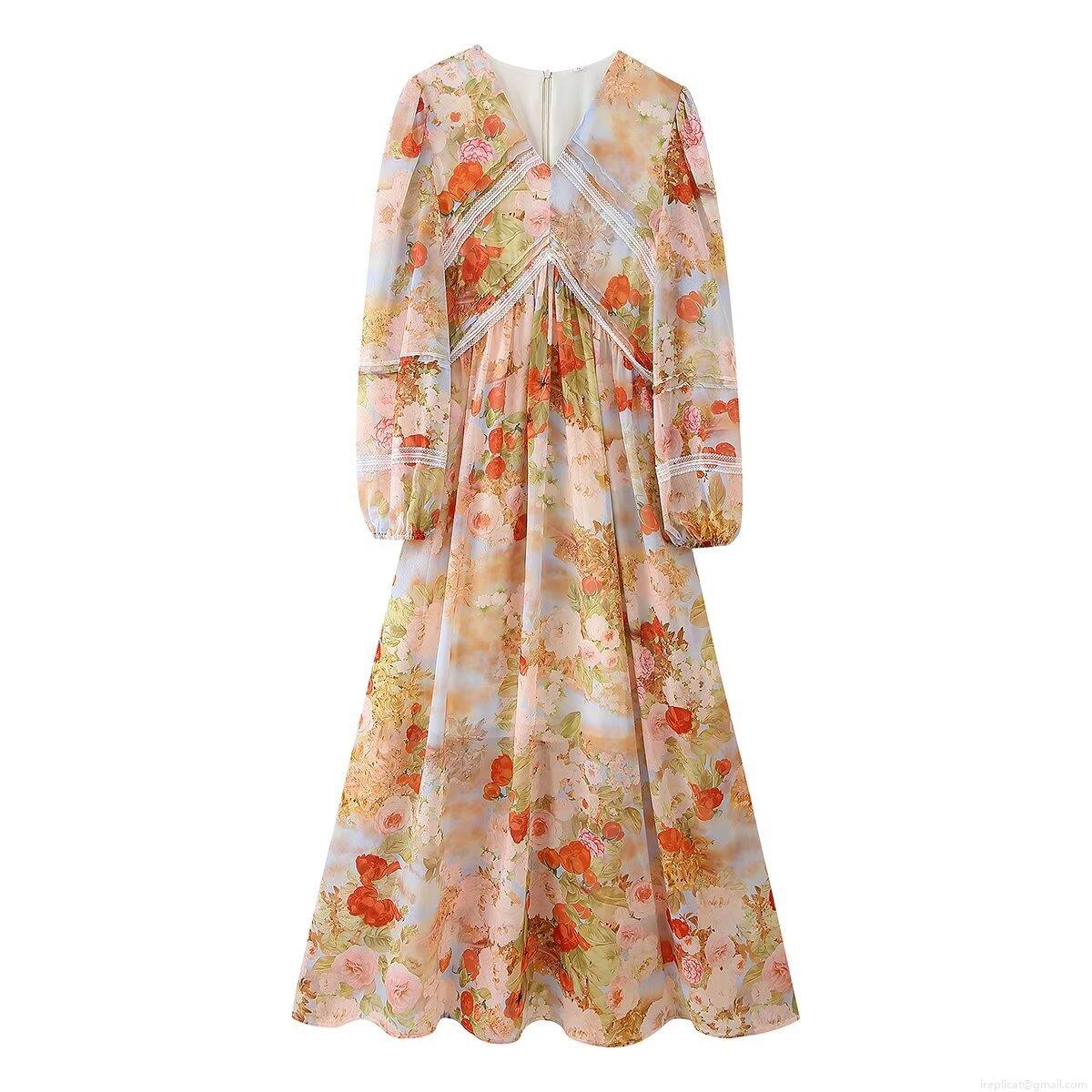 Women's V Neck Lantern Sleeve Maxi Dress With Floral Print Lace Patchwork Polyester Long Sleeve A-Line Autumn Street Style Boho Dress