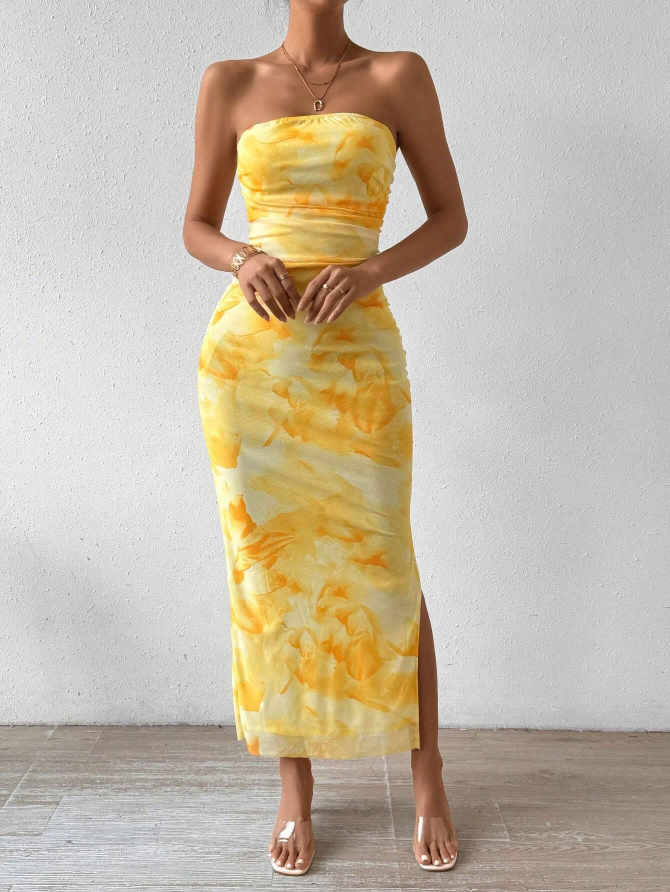 Women's Sexy Mesh Abstract Print Tube Top Maxi Dress High Waist Side Slit Bodycon Long Dress For Summer Party Vacation
