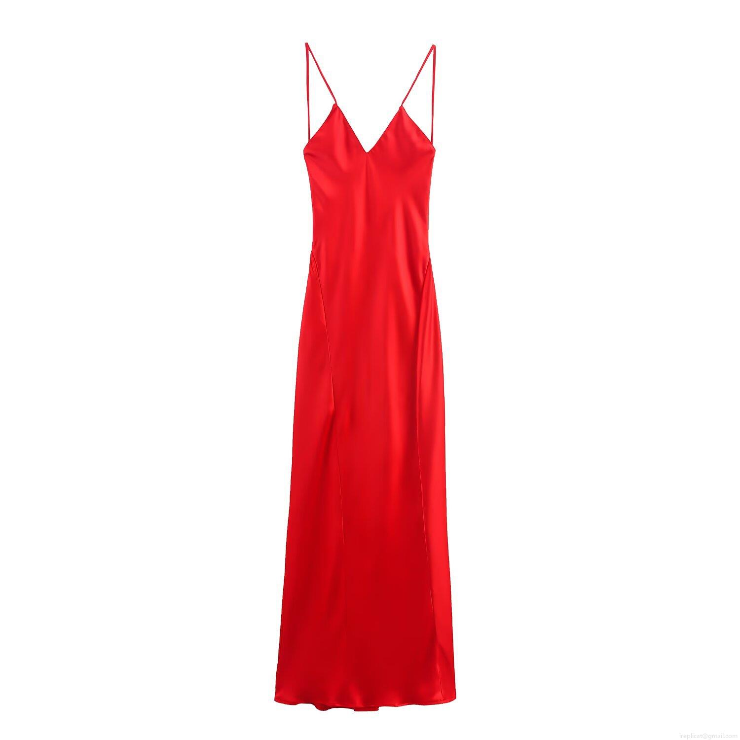 Women's Sexy Red Satin Backless Cami Maxi Dress V-Neck Silk-Like Polyester Evening Slip Dress Clubwear Party Streetwear For Women