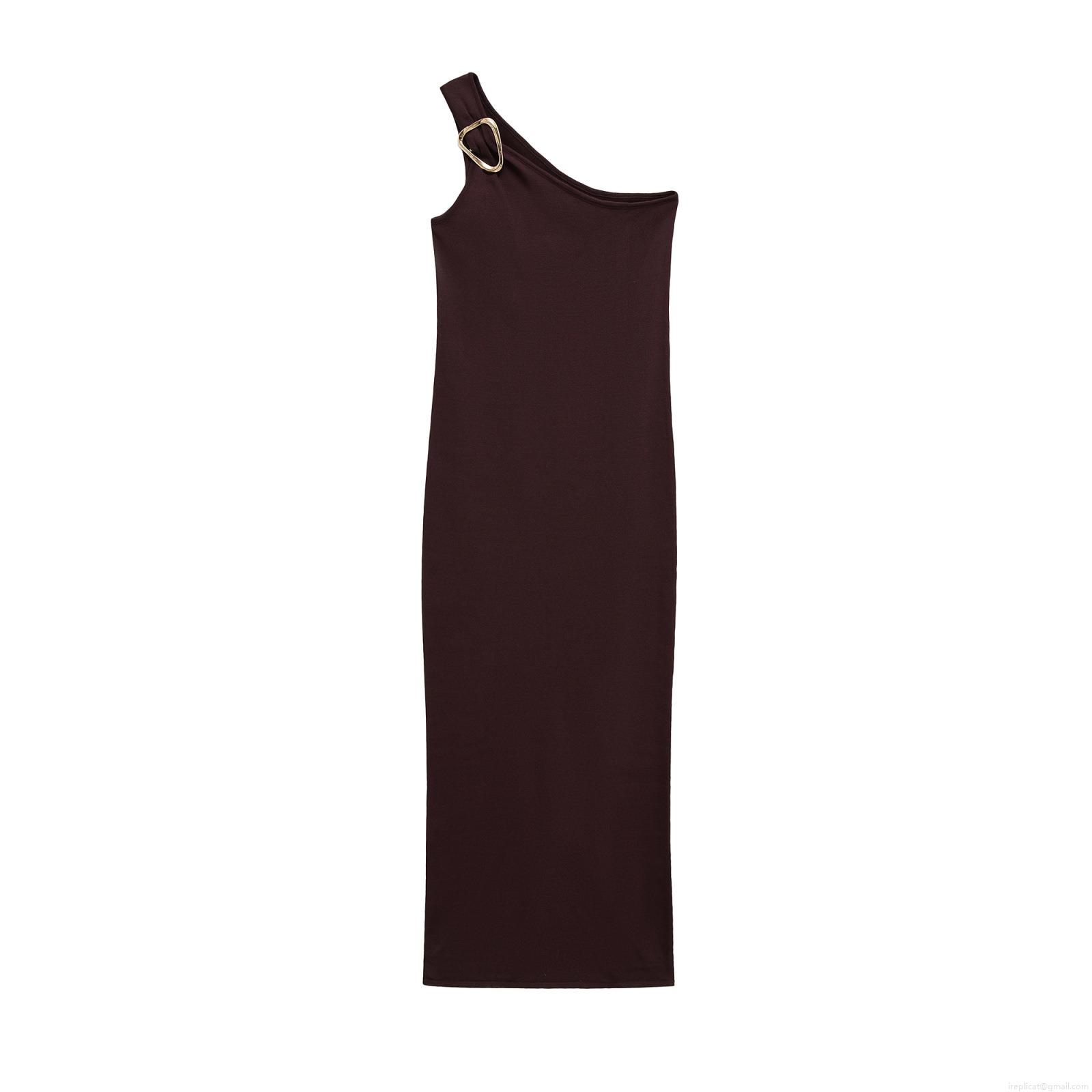 Women's One Shoulder Knit Maxi Dress With Golden Metal Buckle Sexy Slit Hem Bodycon Sleeveless Ribbed Long Dress For Party Club Wedding Fashion 2025