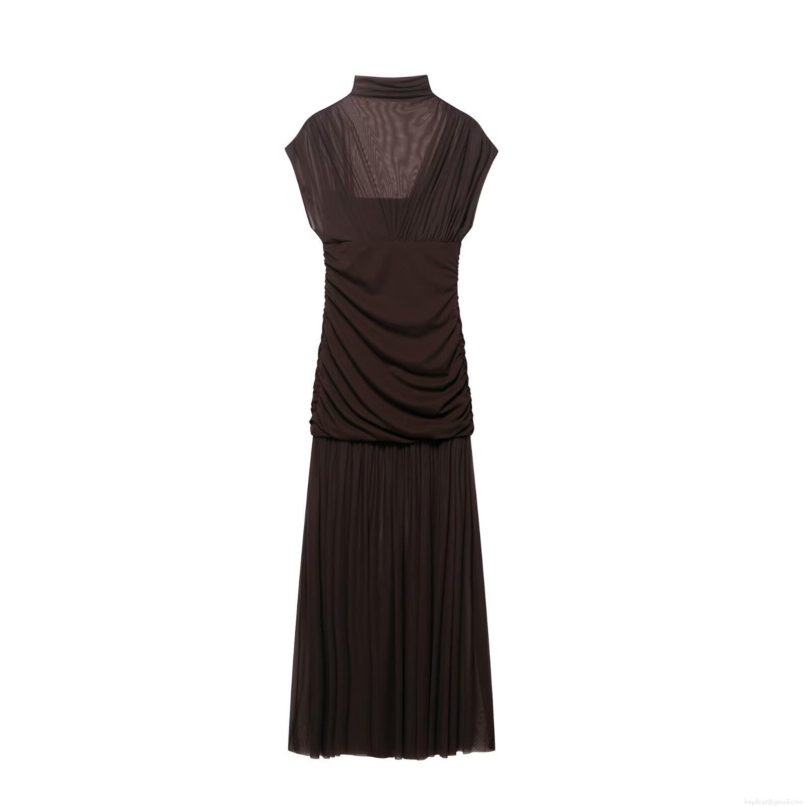 Women's Elegant Sleeveless Mesh Patchwork Maxi Dress Stand Collar Pleated Ruched Slim Fit Polyester Solid Color Long Dress For Party Club Streetwear