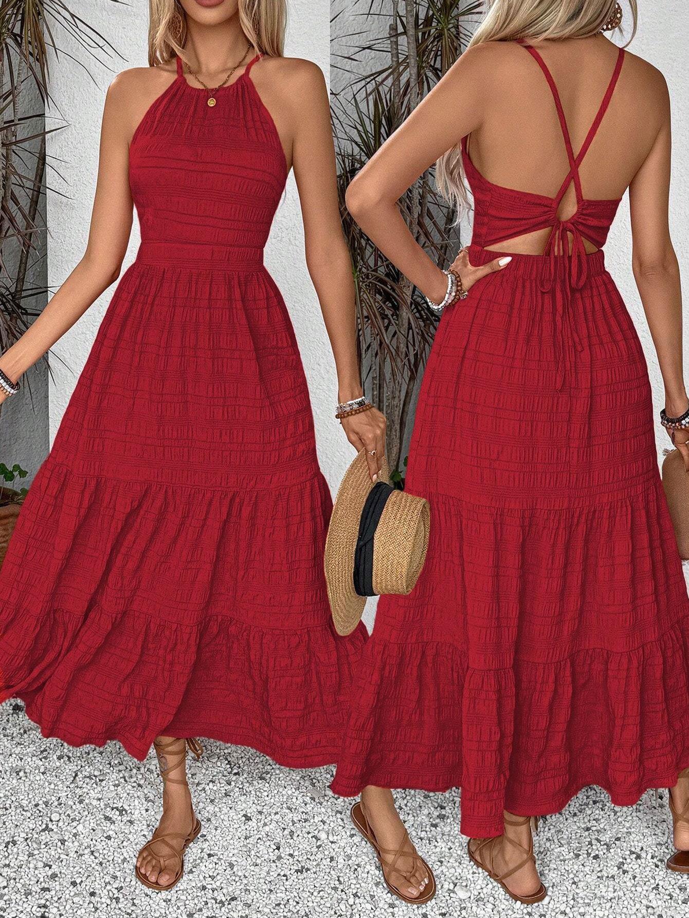 Women's Halter Neck Maxi Dress Pleated Polyester Spandex Backless High Waist Summer Vacation Beach Retro Bohemian Style Sleeveless Flowy Dress