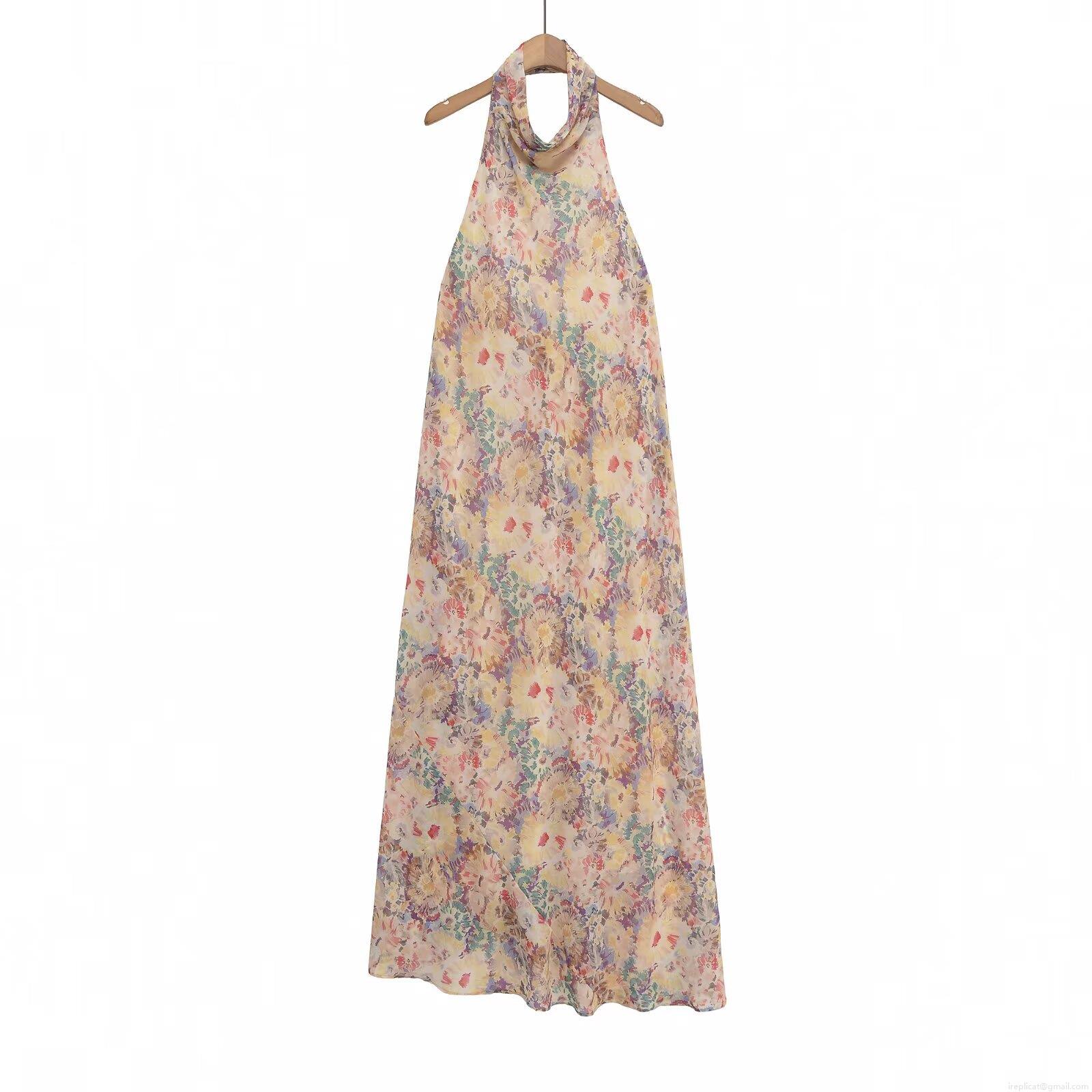 Floral Print Halter Neck Backless Maxi Dress Polyester Sleeveless A-Line Long Dress For Women Summer Beach Vacation Bohemian Style