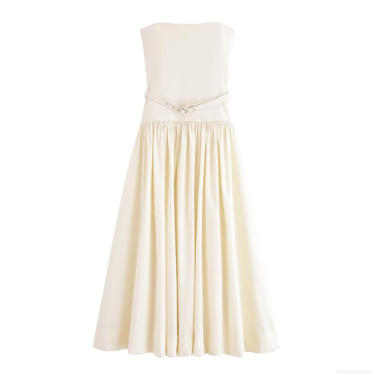 Women's Sexy Strapless Maxi Dress Solid Color Pleated Paneled Backless Long Dress With Belt For Party Club Streetwear Vacation Western Style