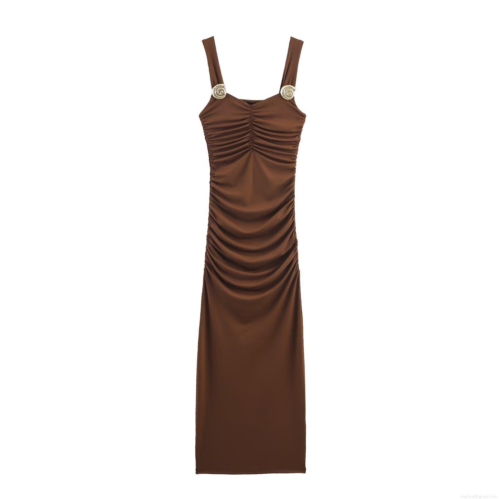 Women's Sexy Deep V-Neck Sling Ruched Dress With Metal Shell Decoration Elegant Slim Fit Sleeveless Polyester Ribbed Knit Long Dress For Party Clubwear