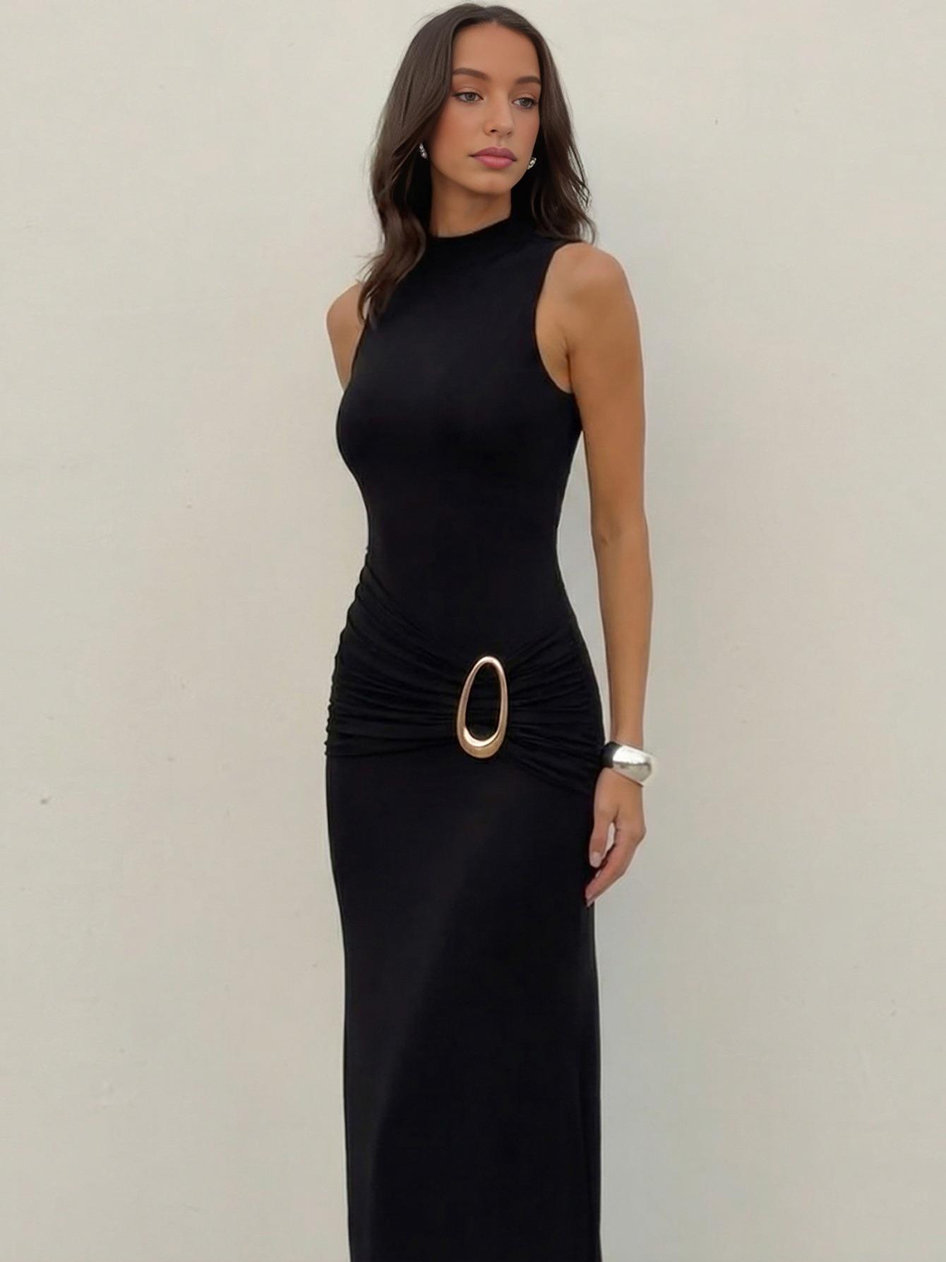 Women's Sexy Backless Bodycon Maxi Dress Sleeveless High Neck Long Party Gown With Gold Metal Ring Detail Polyester Spandex Elegant Lady Evening Wear