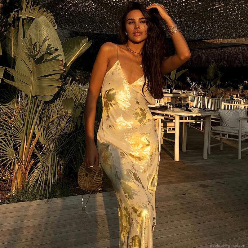 Women's Sexy Backless Bronzing Cami Maxi Dress Elegant Gold Foil Abstract Print Deep V-Neck Sleeveless Evening Party Resort Dress 83% Polyester 17% Spandex