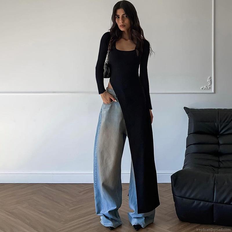 Women's Sexy Bodycon Maxi Dress Long Sleeve U Neck High Side Split Rayon Spandex Solid Color Streetwear Party Club Long Dress For Women Autumn Outfits
