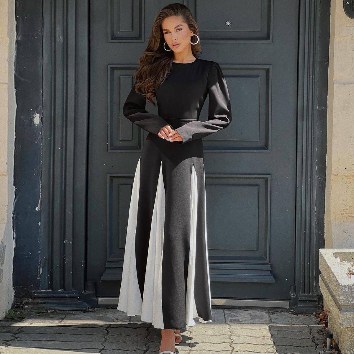 Women's Elegant Color Block Maxi Dress Long Sleeve Round Neck Slim Fit Patchwork Gown With Belt For Party Socialite 95% Polyester 5% Spandex