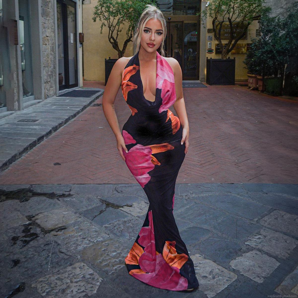 Women's Sexy Halter Neck Backless Maxi Dress Floral Print Slim Fit Long Dress For Summer Beach Vacation Party Bodycon Dress Polyester Spandex Blend