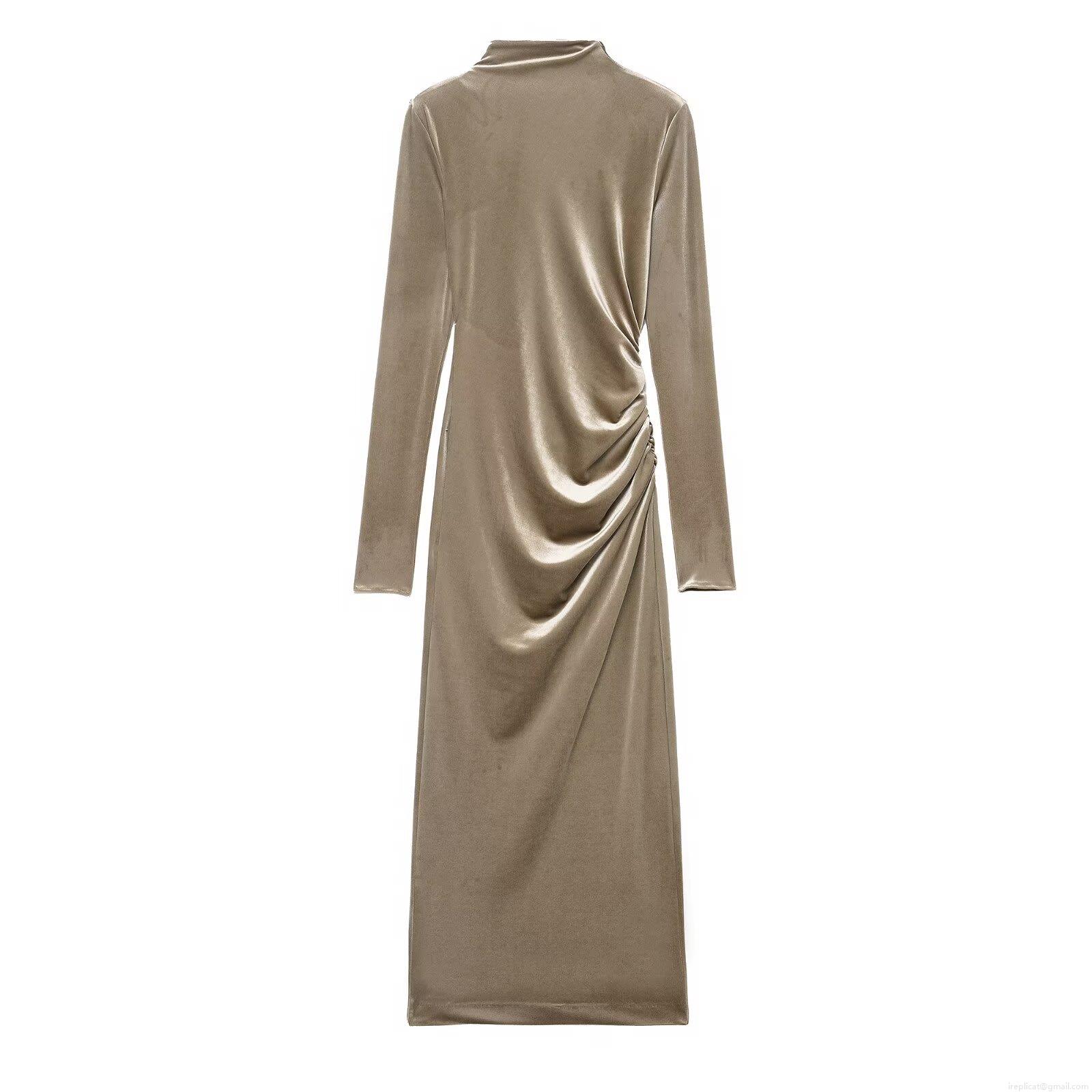 Women Sexy Velvet Maxi Dress Ruched Open Back Semi-High Neck Long Sleeve Bodycon Evening Party Cocktail Dress For Ladies Autumn Winter Fashion Taupe