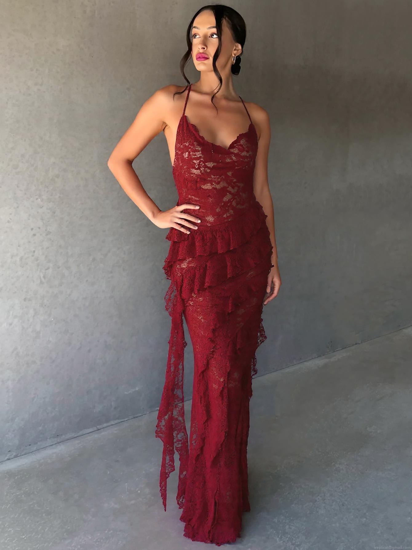 Women Sexy Halter Backless Lace Maxi Dress Elegant Ruffle Tiered V-Neck Sleeveless Evening Party Long Dress For Summer Celebrity Style