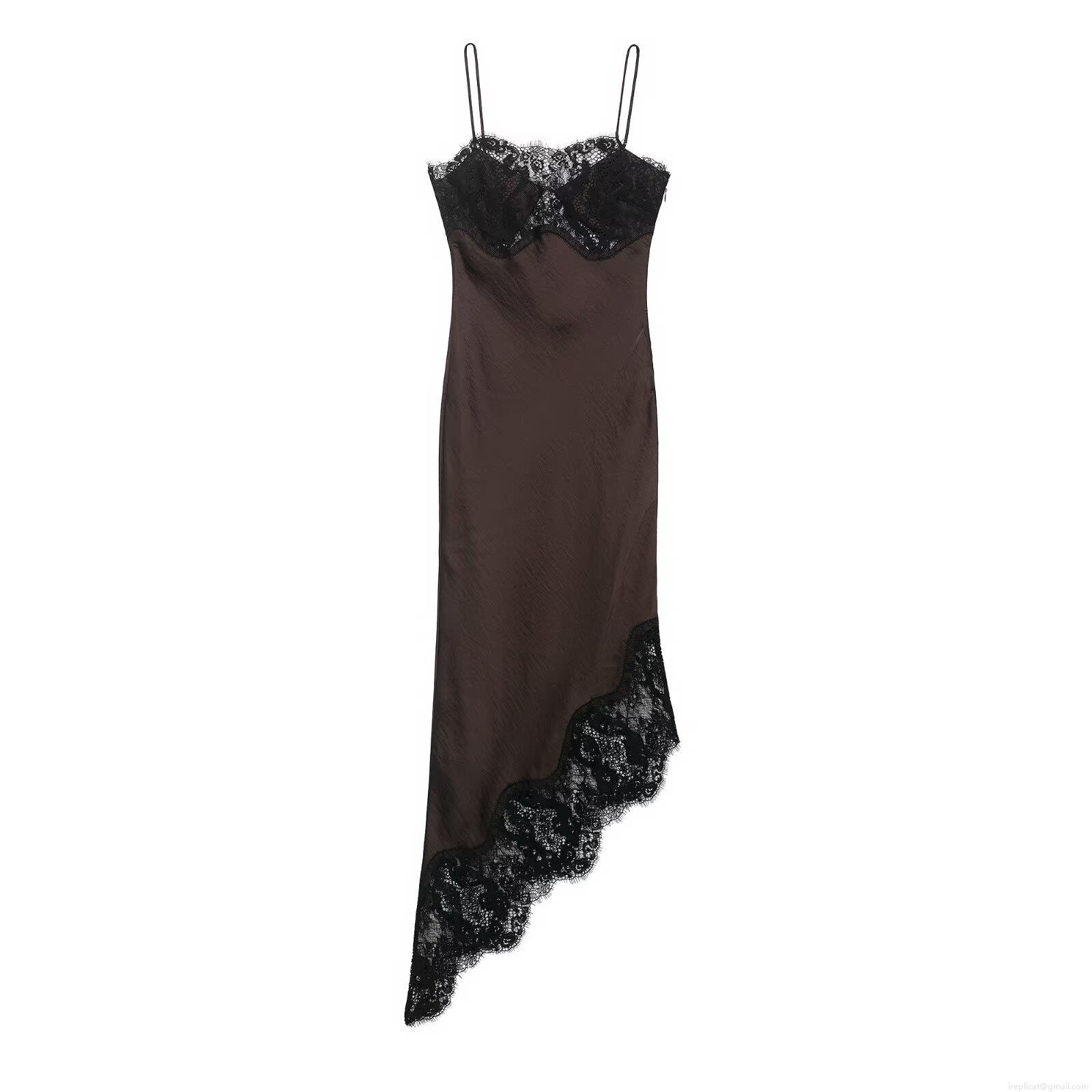Women's Sexy Satin Lace Patchwork Maxi Cami Dress Elegant V Neck Irregular Hem Sleeveless Coffee Chocolate Long Slip Dress Party