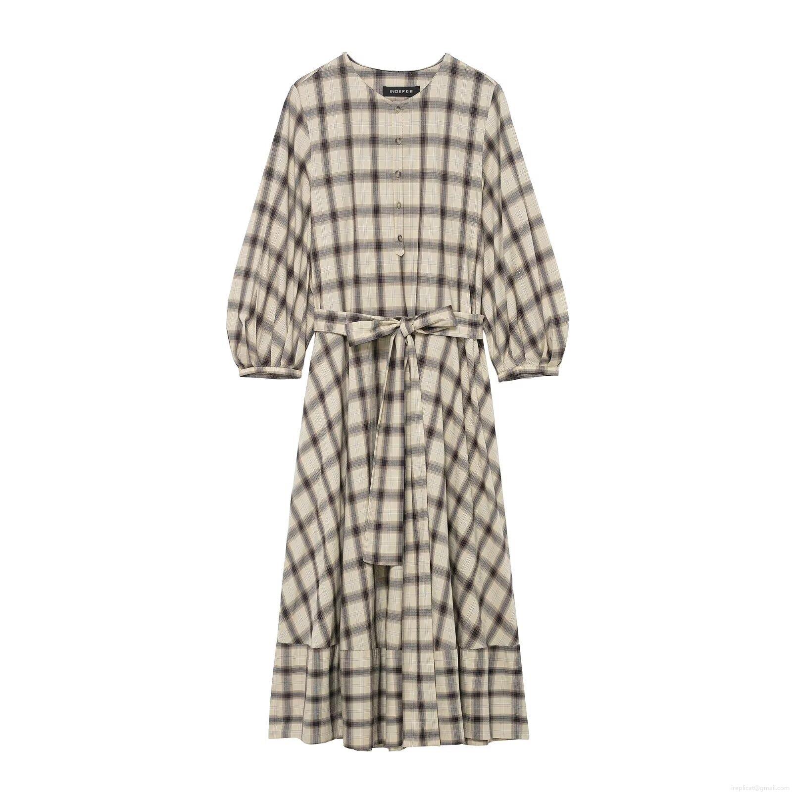 Women's Retro Plaid Maxi Dress Long Lantern Sleeve Round Neck Belted A-Line Pullover Polyester Street Style Spring Casual Long Dress