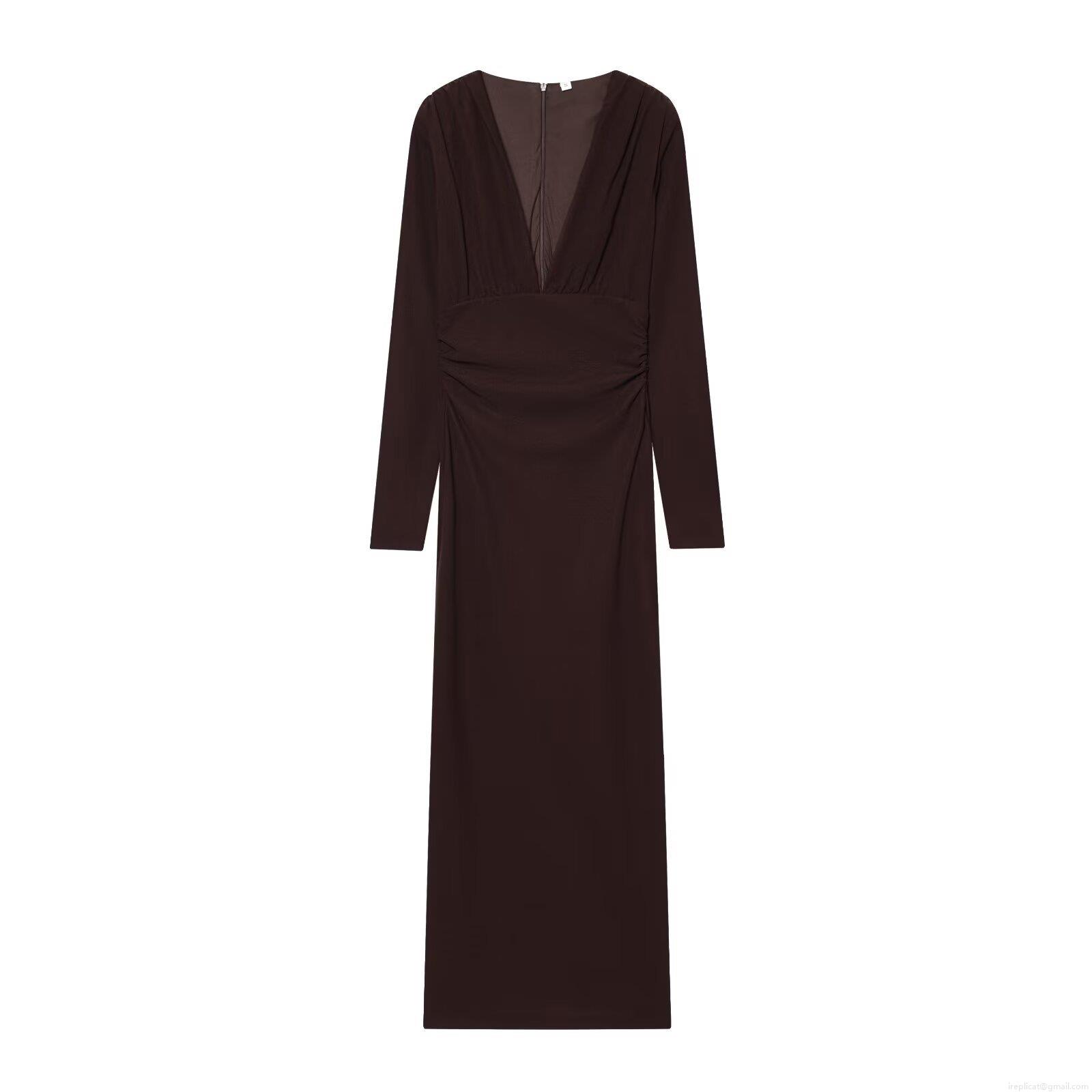 Women's V-Neck Pleated Long Sleeve Maxi Dress Slim Fit Solid Color Polyester Bodycon Gown for Party Casual Elegant Ladies