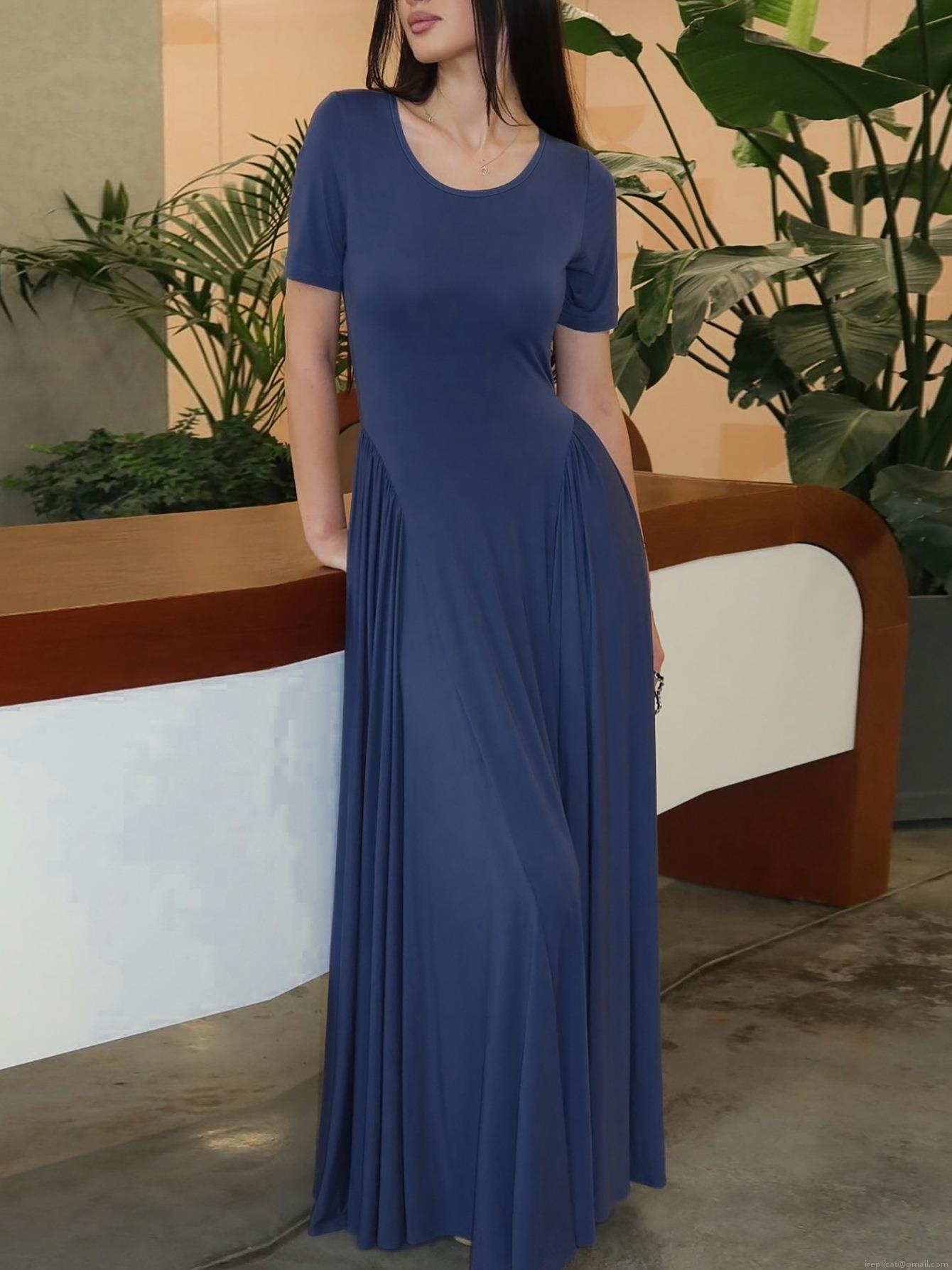 Women's Summer U-Neck Short Sleeve Maxi Dress Polyester Spandex Ruched Slim Fit Solid Color Swing Long Sun Dress for Casual Vacation Party