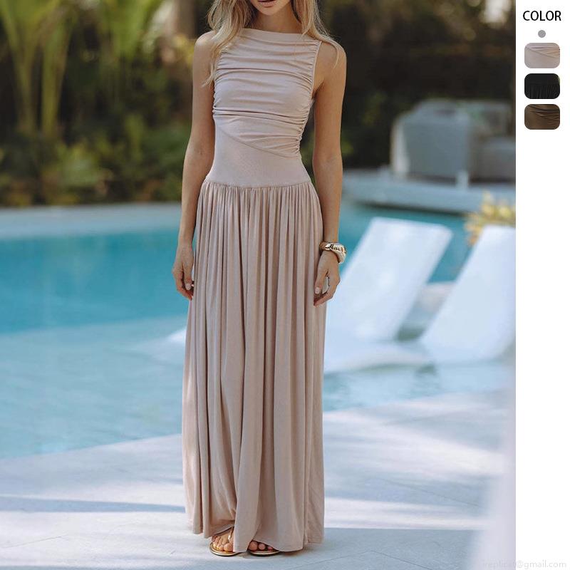 Women Sexy Ruched Sleeveless Maxi Dress Polyester Bodycon Pleated Slim Fit Long Dress For Summer Party Vacation Resort Clubwear Elegant Outfits