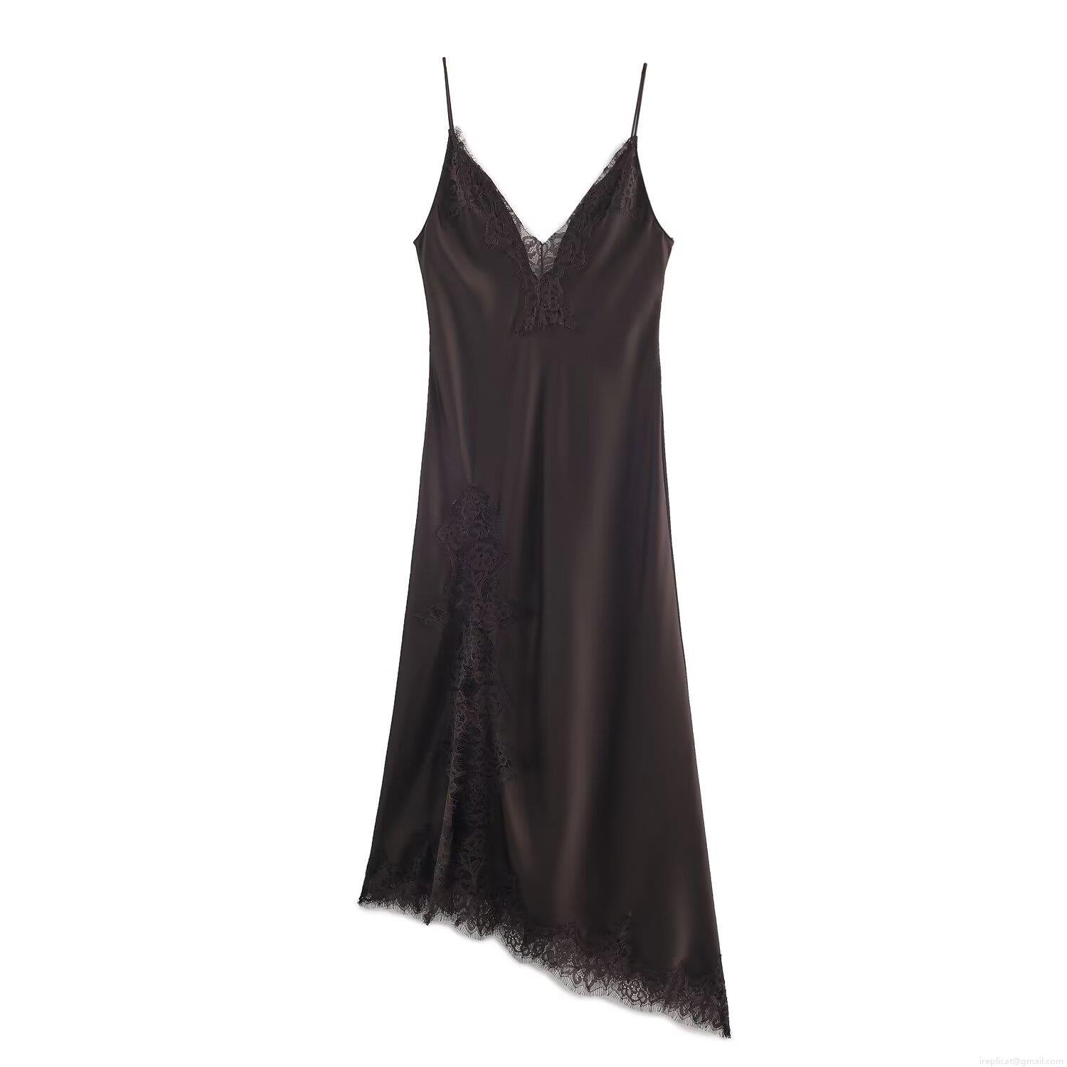 Women's Sexy Deep V-Neck Satin Slip Maxi Dress With Lace Stitching Asymmetric Hem High Waist Spaghetti Strap Sleeveless Evening Party Gown For Women