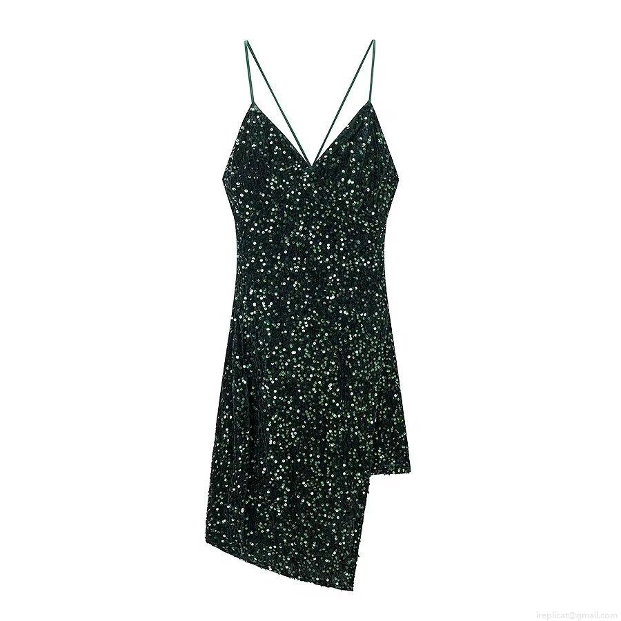Women Sexy Backless Sequin Maxi Dress Asymmetric Hem Sleeveless Halter V Neck Polyester Spandex Evening Party Long Gown