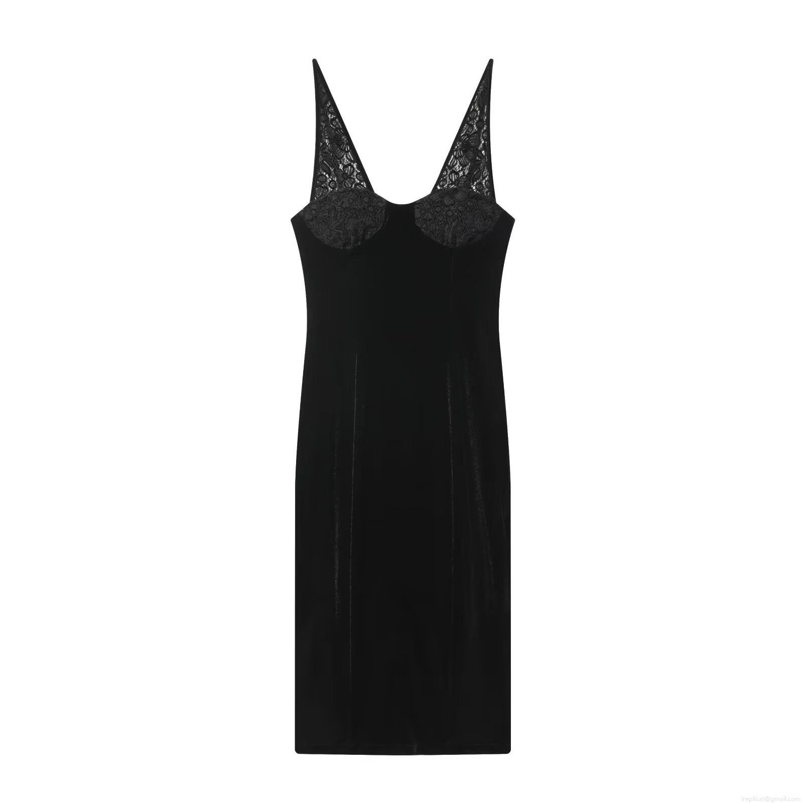 Women's Sexy Black Velvet Cami Dress With Lace Splicing Deep V-Neck Backless Maxi Dress For Party Club Night Evening Elegant Bodycon Dress
