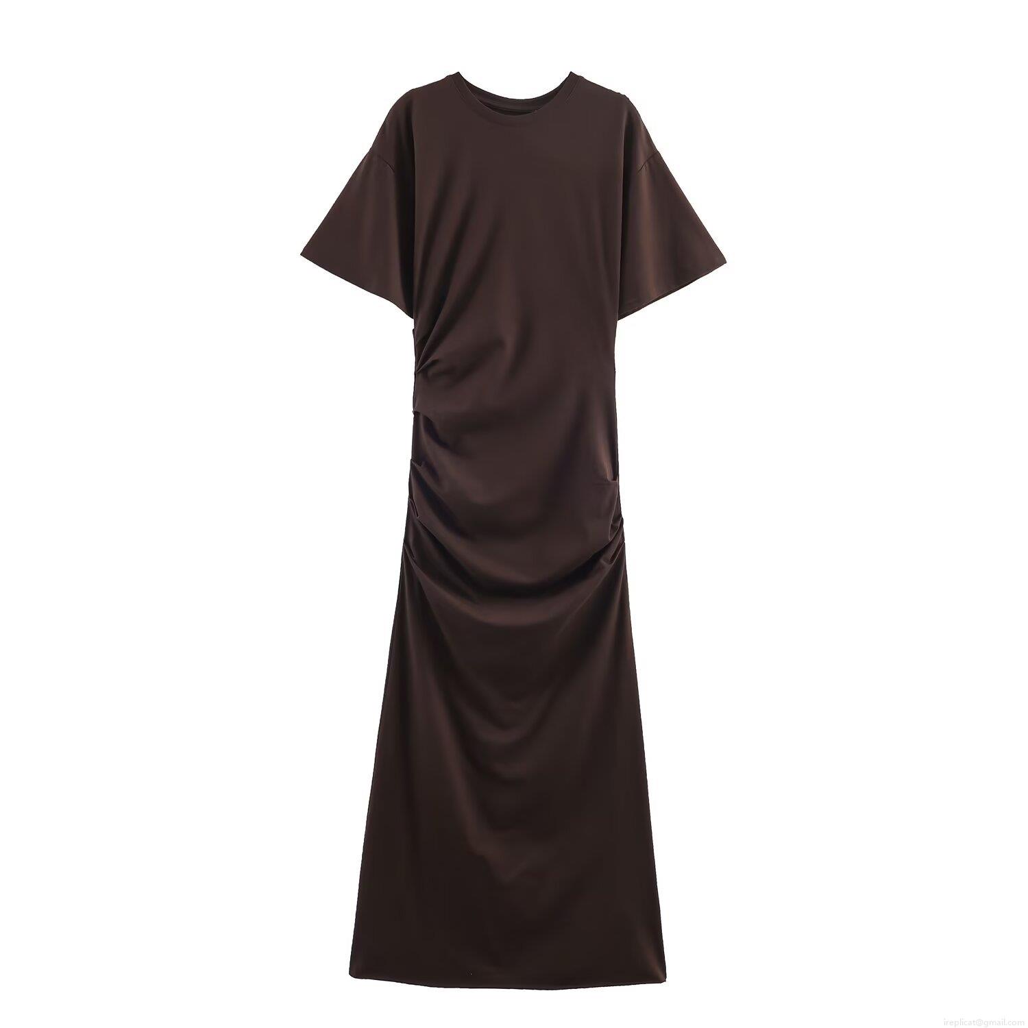 Women's Elegant Ruched Side Short Sleeve Maxi Dress Casual Round Neck Solid Color Slim Fit Knitted T-Shirt Dress for Summer Daily Wear
