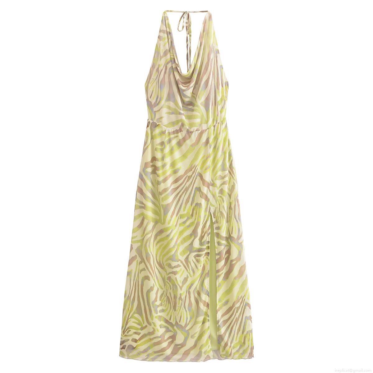 Women Sexy Vacation Halter Maxi Dress Lime Green Zebra Print Lace-up Backless High Slit Long Dress Summer Beachwear Outfit