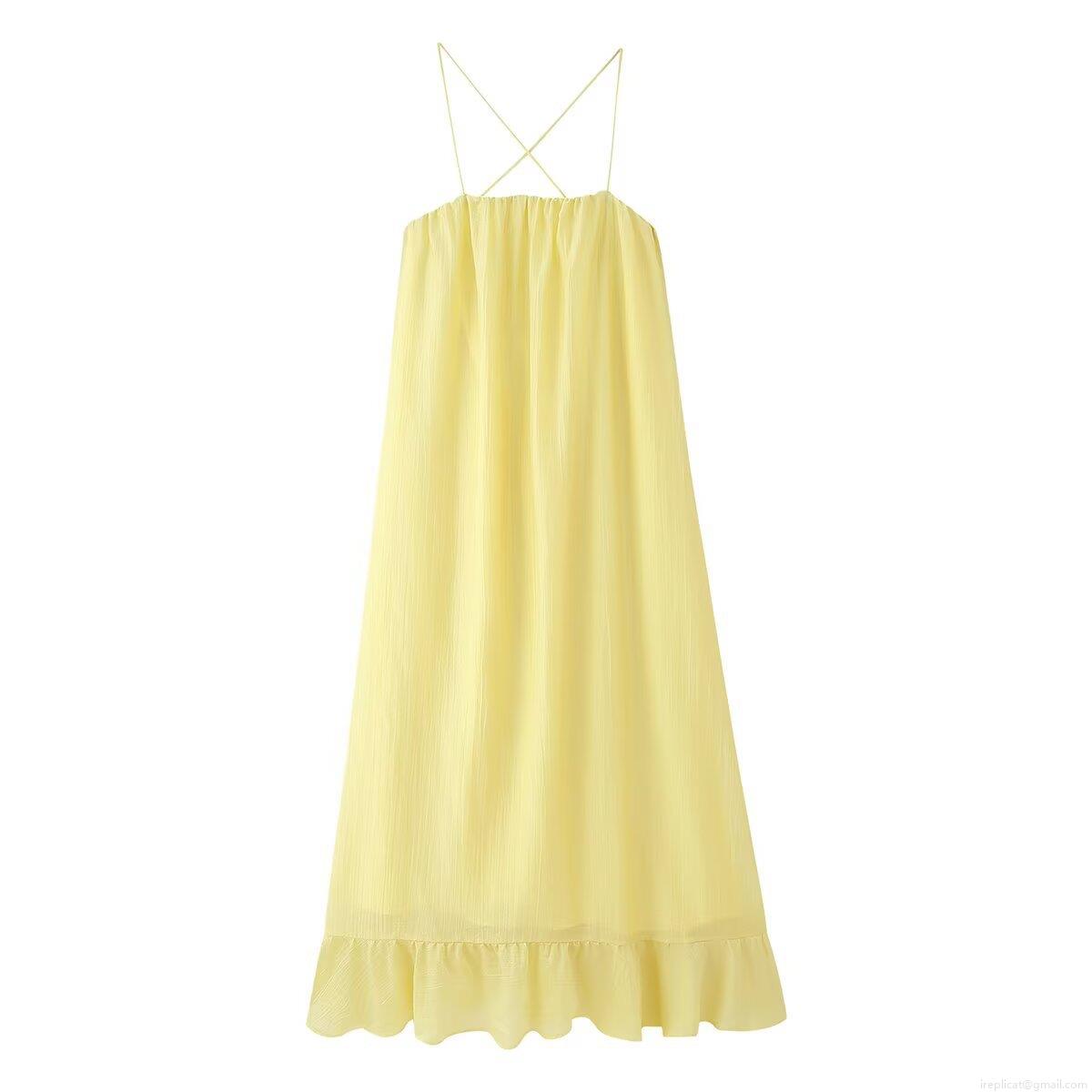 Women Summer Sexy Backless Maxi Dress Yellow Textured Spaghetti Strap Ruffle Hem Loose Big Swing Sun Dress Cross Tie Back Beach Party Dress