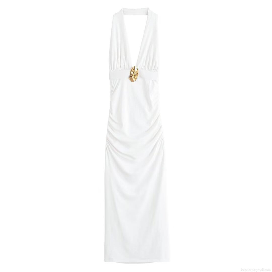 Women's Sexy Backless Pleated Halter Maxi Dress Elegant White Evening Party Vacation Long Dress With Metal Buckle Accessory