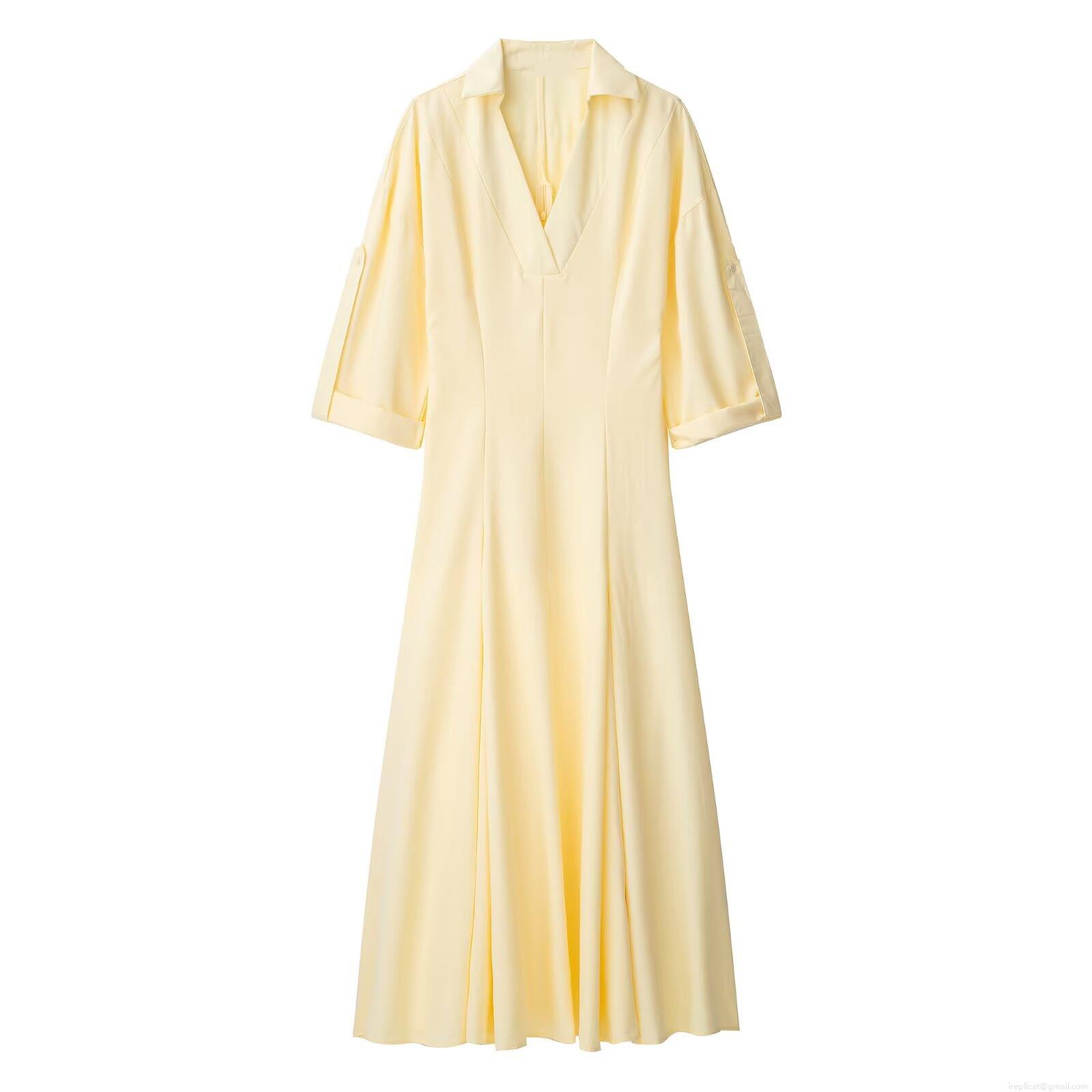 Women's Casual V-Neck Lapel Collar Maxi Dress Elegant 100% Polyester A-Line Short Sleeve Long Dress For Summer Office Lady Simple Yellow Gown